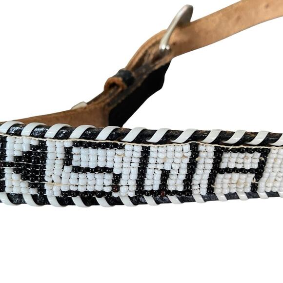 Vintage Western Beaded Swatch Belt size 28 Black White Leather